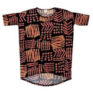 LuLaRoe Irma Tunic‎ Loose Fit Orange/Black Geometric Short Sleeve Top Size XXS